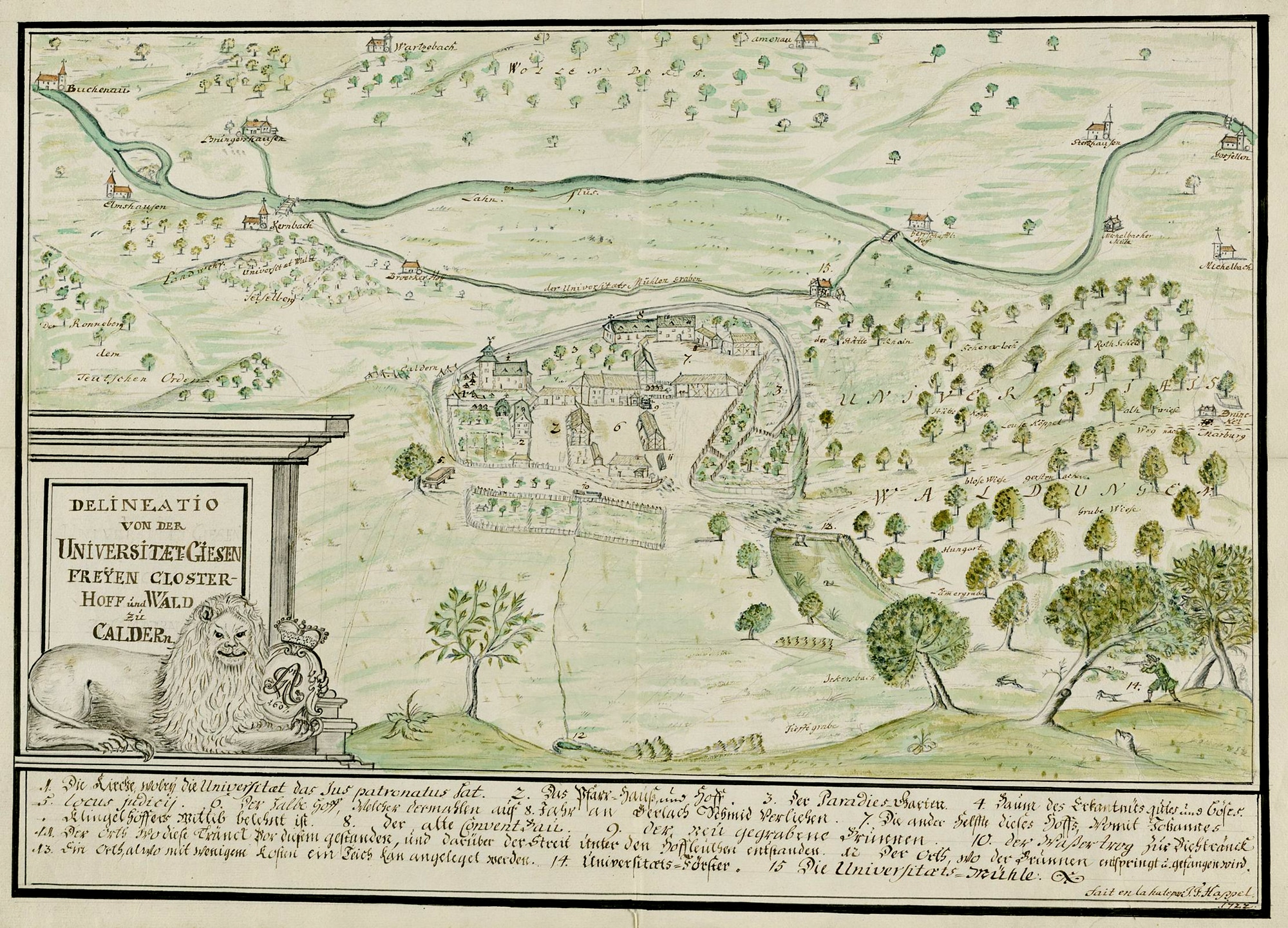 "Delineatio von der Universitæt=Giesen freyen Closter-Hoff und Wald zu Caldern" 1722, HStAM, Karten, P II 17198